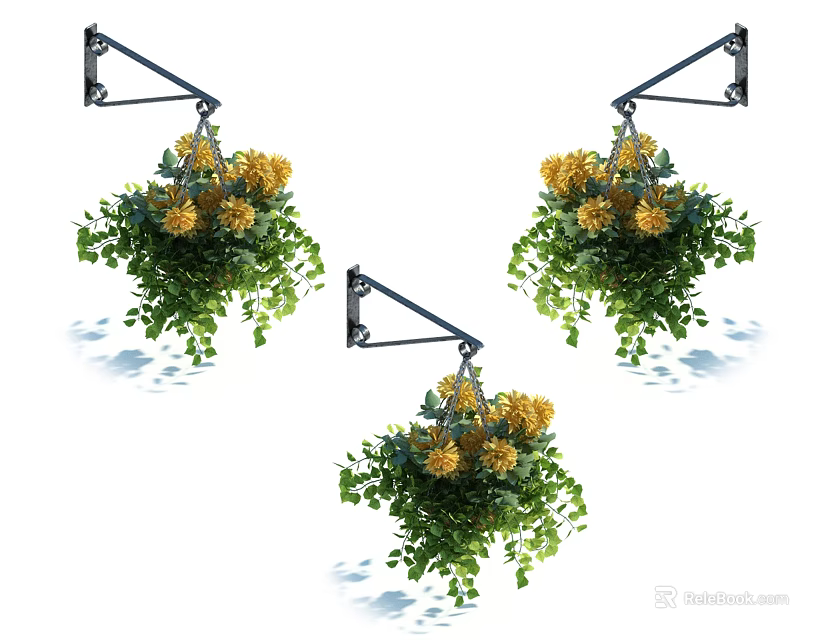 Decorative Hanging Basket Plants With Yellow Flowers And Green Foliage On Metal Brackets 3d model 