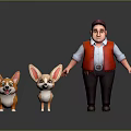 Animated Game Movie Character in Red Vest Cap Standing with Corgi and Fennec Fox