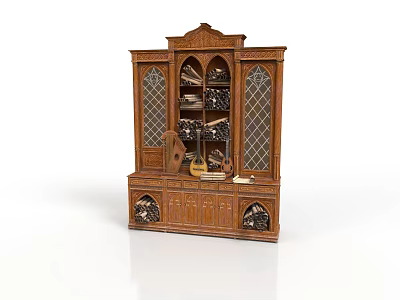 Antique Wooden Cabinet with Glass Doors and Carved Decorative Shelves Classic Design 3d model