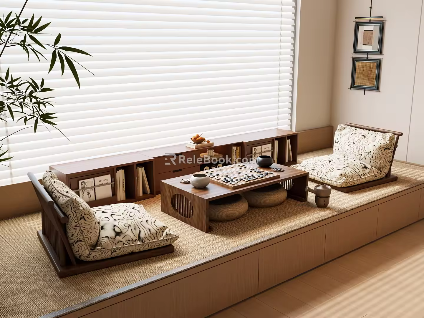 Modern Medieval Bay Window Cabinet Tatami Tea Room Japanese Tea Table Gobang Venetian Curtain Bay Window Cushion Bay Window Cushion Bay Window Cushion Bay Window 3d model
