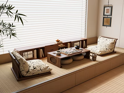 Japanese Style Bay Window Cabinet Interior with Cushions Tea Table Storage Plants and Blinds 3d model