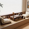 Modern Medieval Bay Window Cabinet Tatami Tea Room Japanese Tea Table Gobang Venetian Curtain Bay Window Cushion Bay Window Cushion Bay Window Cushion Bay Window 3d model
