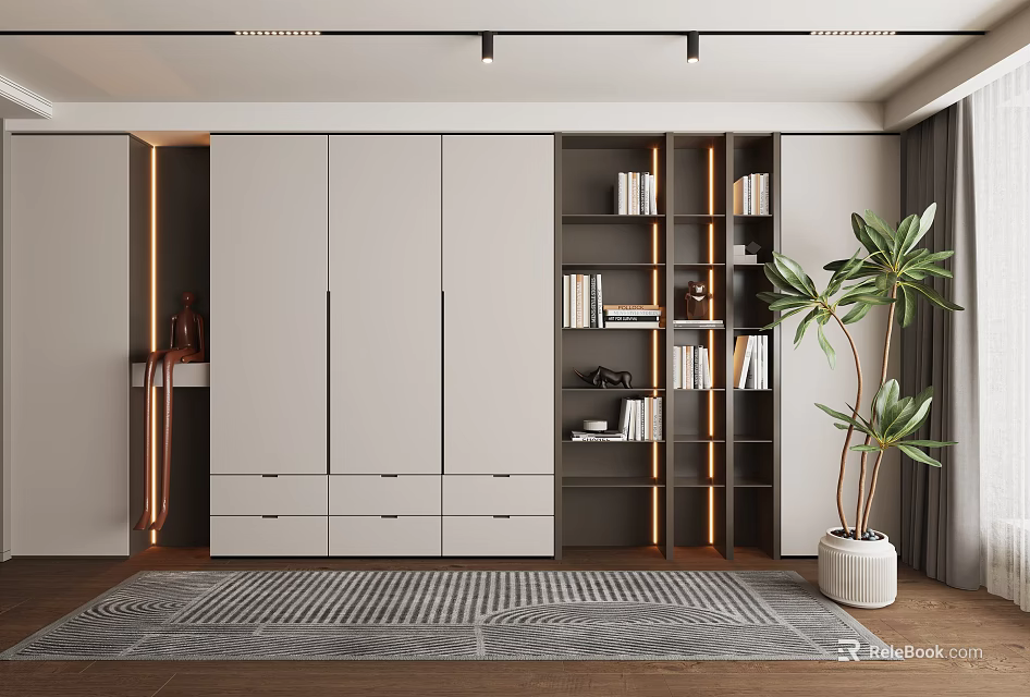 Modern Bookcase Interior Design With Closed Cabinets Open Shelves Books And Green Plant 3d model 
