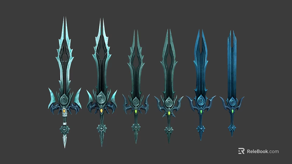 Fantasy Game Swords With Six Various Blue Teal Ornate Hilts And Blades 3d model 