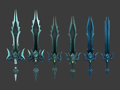 Fantasy Game Swords With Six Various Blue Teal Ornate Hilts And Blades 3d model