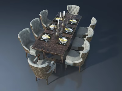 Elegant Dining Room With Hinged Door Dark Wooden Table And Light Gray Chairs 3d model