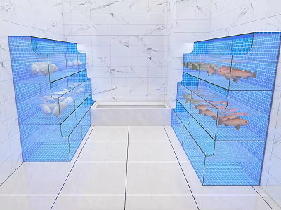 Blue Multi Tiered Fish Tanks with Fish on Both Sides Marble Walls White Tiled Floor 3d model
