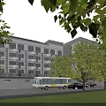 School Building With Arched Porch Gray Brick And White Multi Story Structure Plaza Lawn