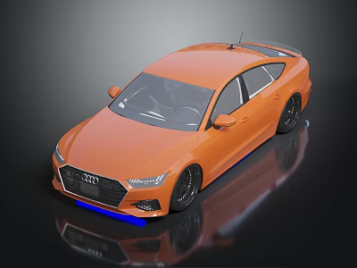 Orange Audi Sedan With Sleek Design Black Wheels And Blue Accents On Dark Background 3d model