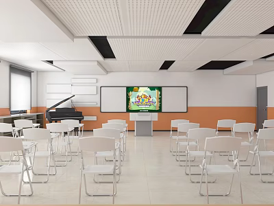Book Art Themed Classroom With Chairs Piano And Screens 3d model