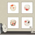 Four Circular Decorative Paintings With Floral Bird Patterns On Beige Wall 3d model