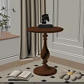 Wooden Side Table With Round Top Pedestal Base And Beige Curtains Green Plant On Rug