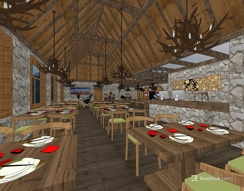 Rustic Restaurant Interior With Wooden Ceiling Stone Walls Chandeliers Wooden Tables And Red Plates 3d model 