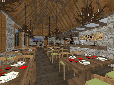 Rustic Restaurant Interior With Wooden Ceiling Stone Walls Chandeliers Wooden Tables And Red Plates 3d model