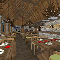 Rustic Restaurant Interior With Wooden Ceiling Stone Walls Chandeliers Wooden Tables And Red Plates