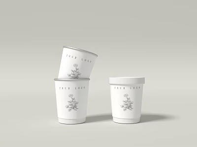 White Cups with Floral Design and Logo Stacked and Standalone 3d model
