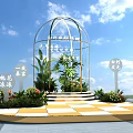 Glass Greenhouse With Green Plants On Circular Platform Orange White Checkered Floor Blue Sky