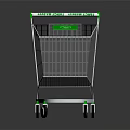 Metal Shopping Cart With Green Handle And Four Wheels On Reflective Surface