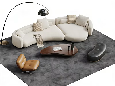 Curved White Sofa with Cushions and Brown Coffee Table Set Floor Lamp Accent Chair 3d model