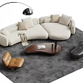 Curved White Sofa with Cushions and Brown Coffee Table Set Floor Lamp Accent Chair
