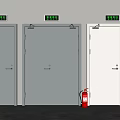Fire Exit Doors With Green Exit Signs And Red Fire Extinguisher 3d model