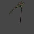 Green Metallic Scythe Weapon With Decorative Carvings And Long Handle