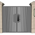 Building Exterior Wall With Black Vertical Striped Gate And Stone Pillars With Lamps