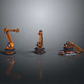 Three Orange Robotic Arms Placed On Gray Background With Shiny Reflection 3d model