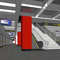 Subway Station Interior With Red Pillars Stairs Handrails Direction Signs And Screens