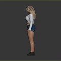 A Blonde Woman In Gray Long Sleeve Top And Denim Shorts Standing With Hands Open