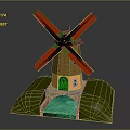 Windmill Model With Red Blades Black Center Yellow Tower Brown Roof Green Grass Blue Water