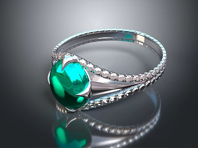Elegant Green Gemstone Ring With Silver Band And Sparkling Diamond Accents 3d model