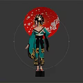 Geisha Character In Green Kimono With Dragon Creature Red Fan Art Design
