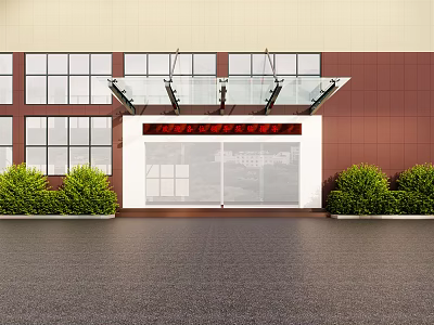 Contemporary Entrance Gate With Glass Canopy Red Wall White Frame And Green Shrubs 3d model