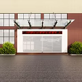 Contemporary Entrance Gate With Glass Canopy Red Wall White Frame And Green Shrubs