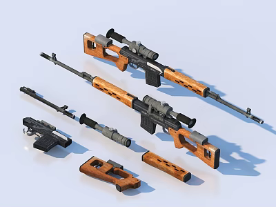 Various Firearms With Rifles Pistol Scopes Wooden Stocks And Disassembled Parts 3d model