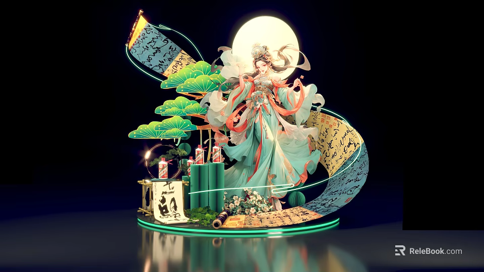 Traditional Chinese Goddess Statue Photo Spot With Full Moon Pine Tree And Scroll Decorations 3d model 