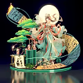 Traditional Chinese Goddess Statue Photo Spot With Full Moon Pine Tree And Scroll Decorations