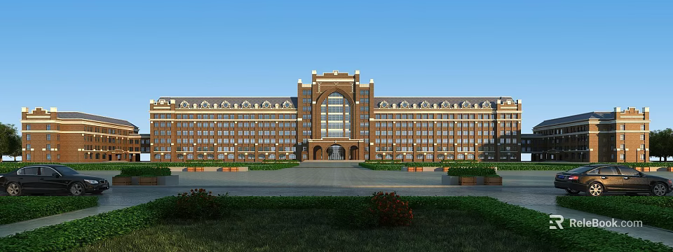 Symmetrical Red Brick School Building With Arched Entrance Tower Surrounding Lawn And Flower Beds 3d model 