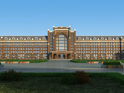 Symmetrical Red Brick School Building With Arched Entrance Tower Surrounding Lawn And Flower Beds 3d model