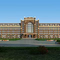 Symmetrical Red Brick School Building With Arched Entrance Tower Surrounding Lawn And Flower Beds
