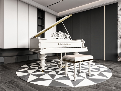 piano room grand piano stool round carpet background wall model