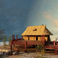 Detached Villa With Thatched Roof Red Railings Open Terrace Trees And Flying Birds Under Sky