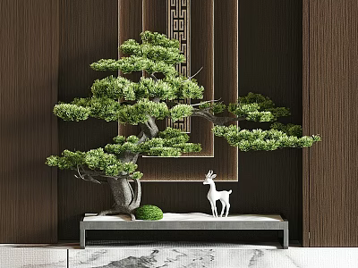 Pine Bonsai Tree On Wooden Platform With Decorative Frame Small Deer Figurine And Green Plant 3d model
