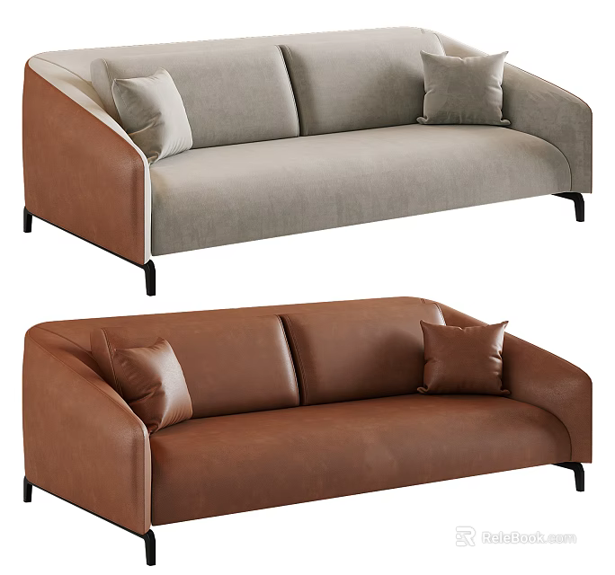 Modern Multi Seater Sofas With Pillows In Light Gray And Brown 3d model