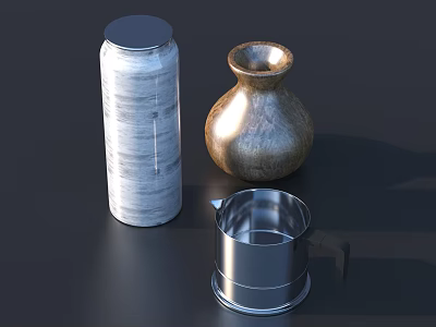 Modern Tableware Set Featuring Textured Ceramic Jar Clay Vase And Metal Measuring Cup With Handle 3d model