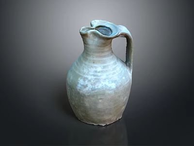 Vintage Grayish White Ceramic Jug With Textured Surface And Handle On Dark Surface 3d model