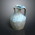 Vintage Grayish White Ceramic Jug With Textured Surface And Handle On Dark Surface