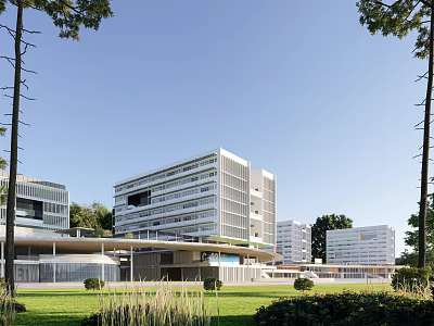 Modern Multistory School Building With Glass Facade And Green Lawn Surroundings 3d model