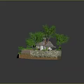 Small Cottage With Red Door Surrounded By Trees And Garden Path Plants 3d model